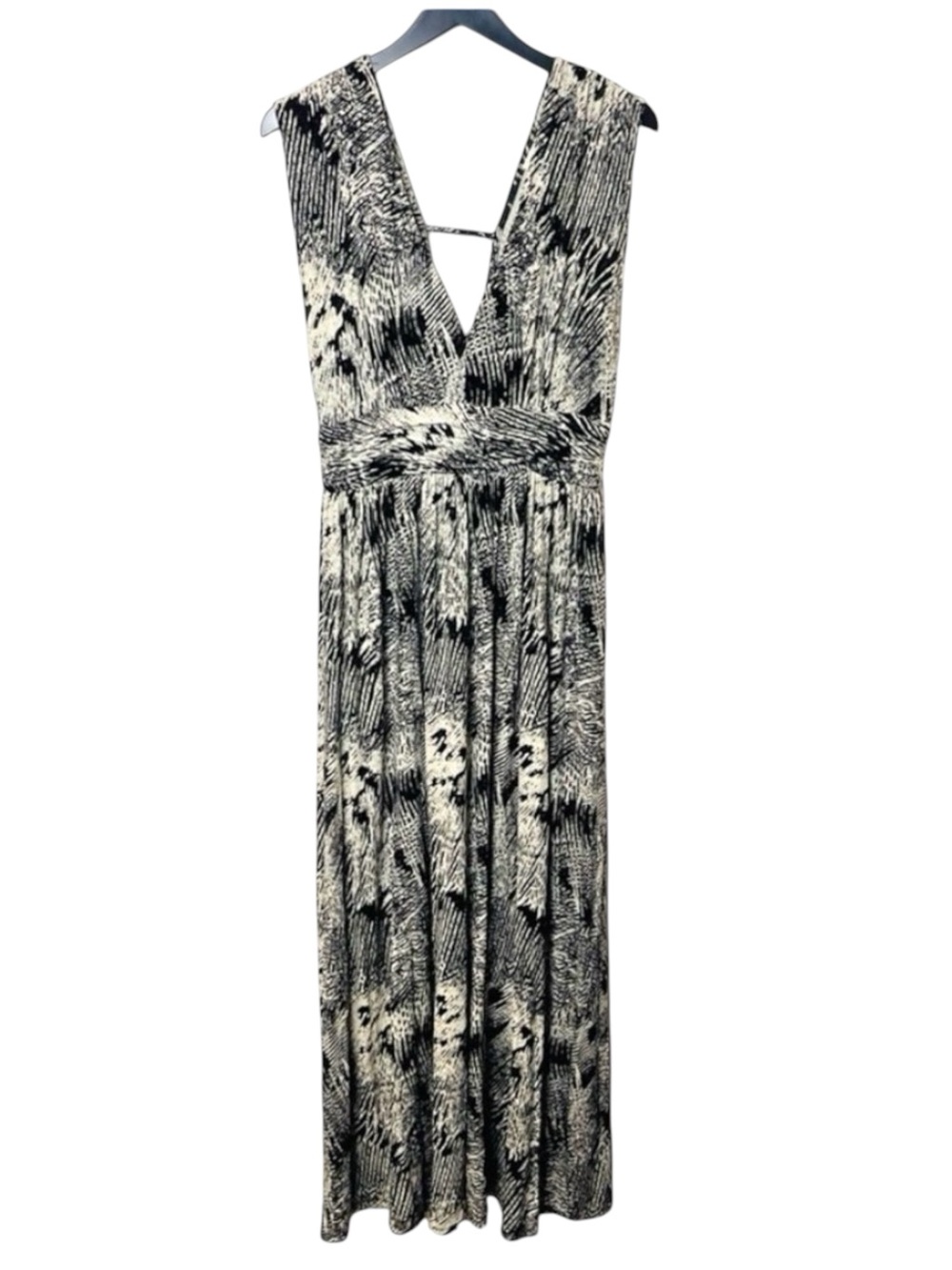 Mystree Black White Deep V-Neck Cinched Waist Sleeveless Maxi Dress (L)